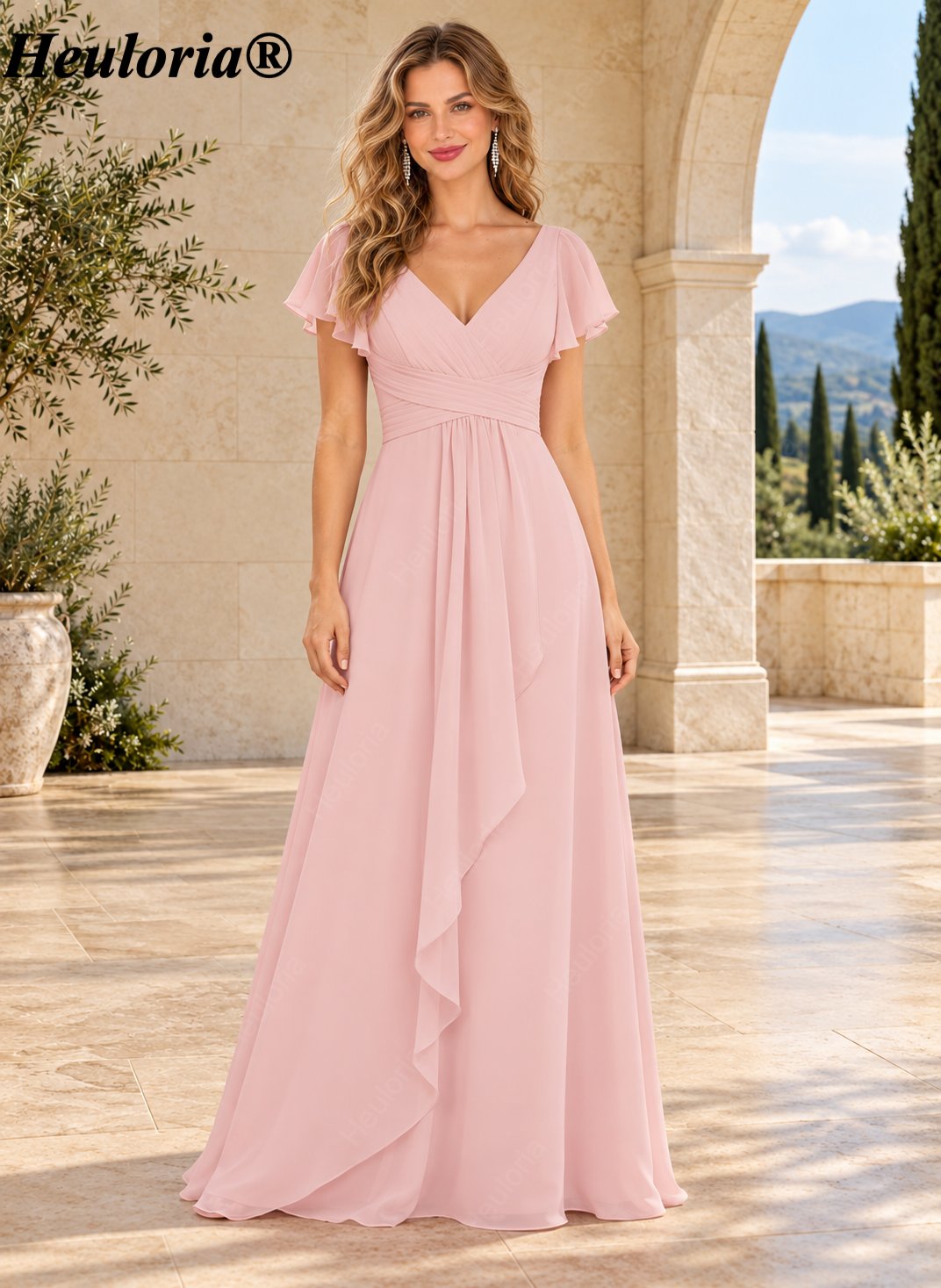 HEULORIA Dusty Rose V-Neck Flutter Sleeve Chiffon A-Line Bridesmaid Dress with Draped Skirt – ED-135 Imagen principal del producto