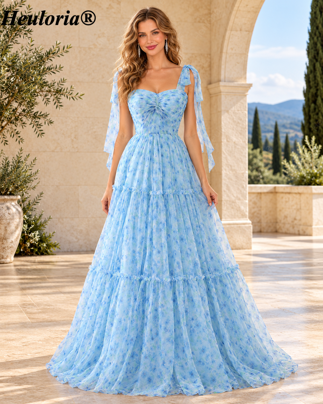 Heuloria Dreamy Light Blue Watercolor Floral Tiered Chiffon A-Line Prom Dress with Tie Straps and Lace-Up Back ED-659 Immagine principale del prodotto