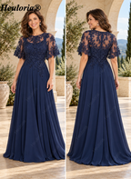 heuloria-Lace Applique Chiffon A-Line Mother of the Bride Dress with Cape-ed-378