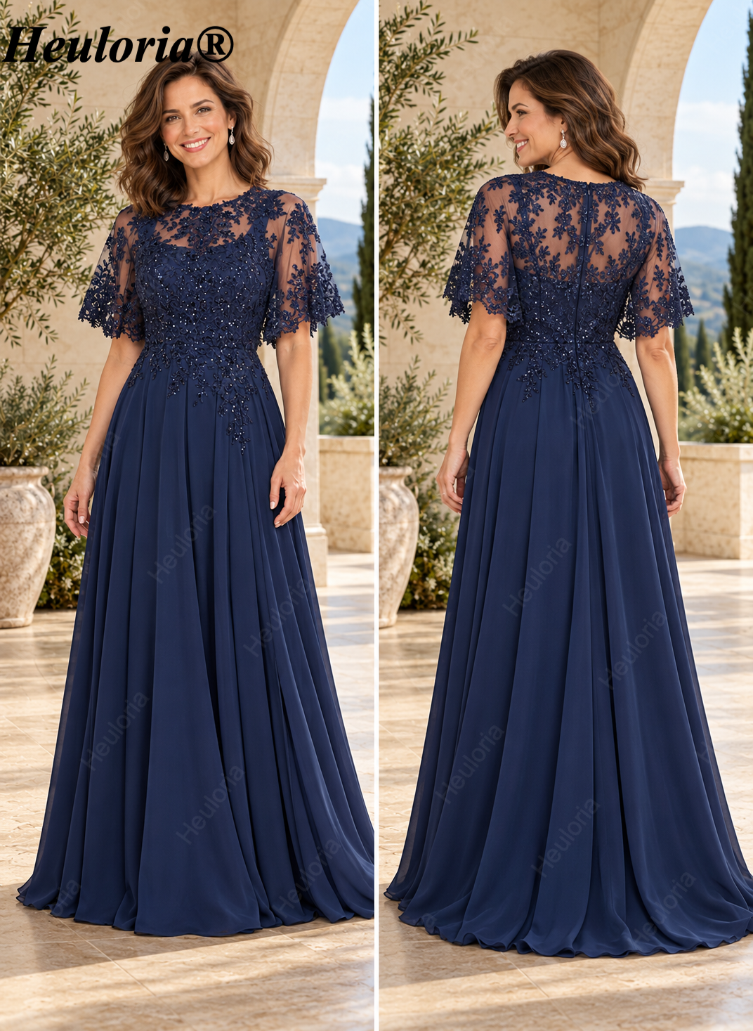 heuloria-Lace Applique Chiffon A-Line Mother of the Bride Dress with Cape-ed-378