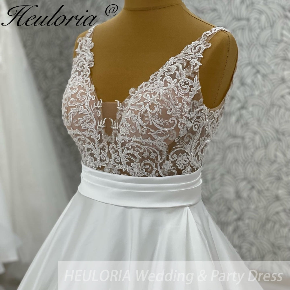 HEULORIA Satin V Neck A Line Wedding Dress Simple Lace Bodices Bridal Gown robe soirée mariage AL-1030 Secondary image