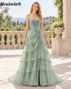 HEULORIA Sequin Lace Tiered Tulle Prom Dress with Spaghetti Straps ED-577