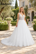 Deep V Leaf Lace Glitter A-Line Wedding Dress with Corset AL-1063