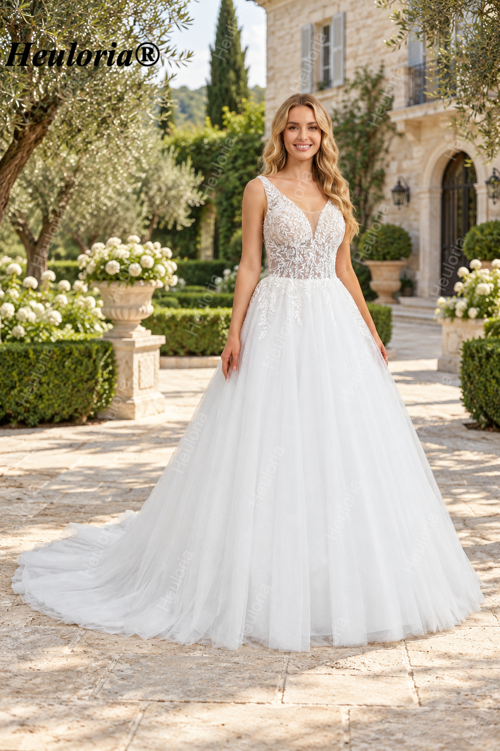 Deep V Leaf Lace Glitter A-Line Wedding Dress with Corset AL-1063