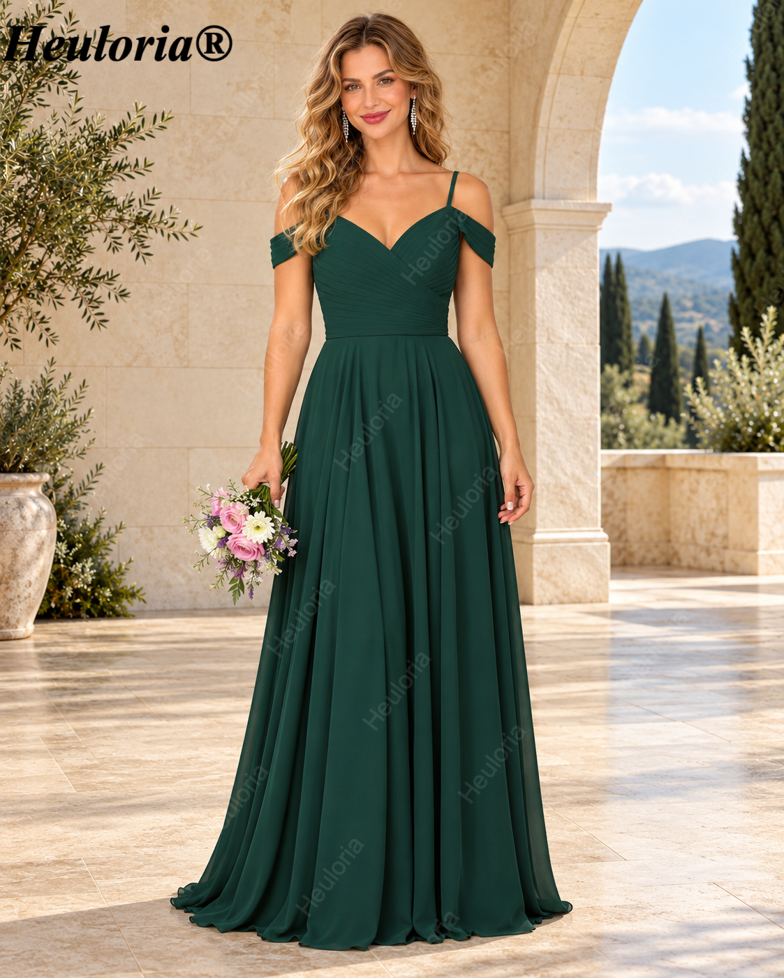 HEULORIA Emerald Green Cold Shoulder Pleated A-Line Bridesmaid Dress ED-111