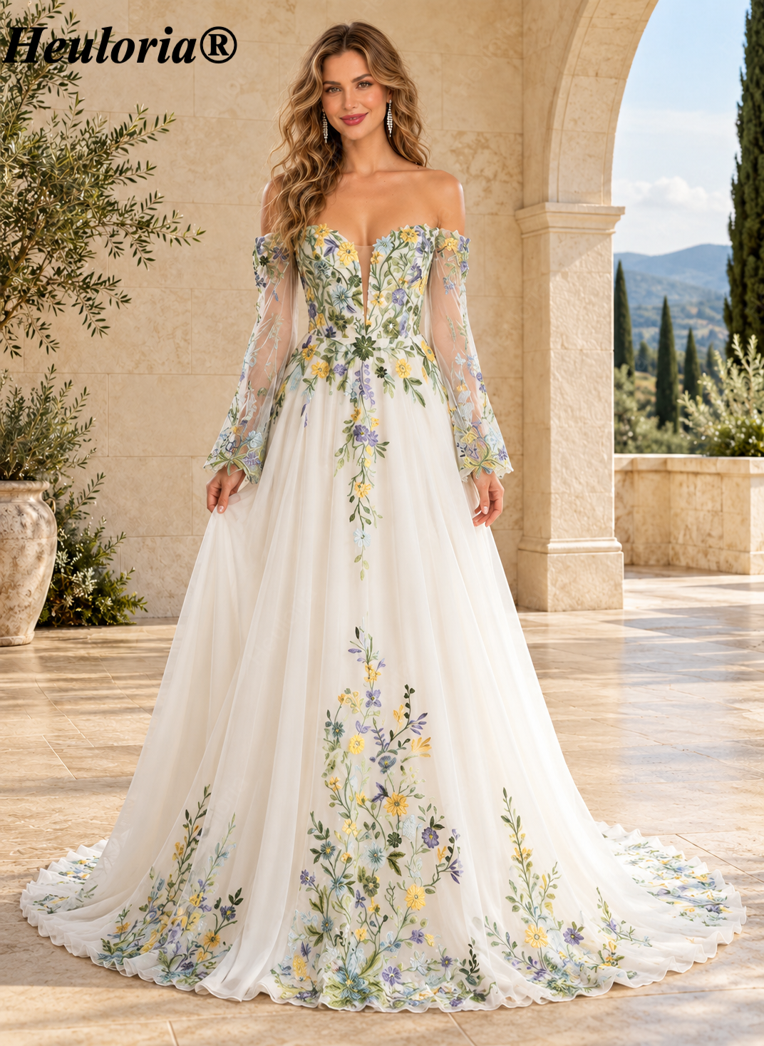 Heuloria Enchanting Floral Embroidered Tulle A-Line Gown with Sweetheart Bodice and Lace-Up Back ED-674 Immagine principale del prodotto