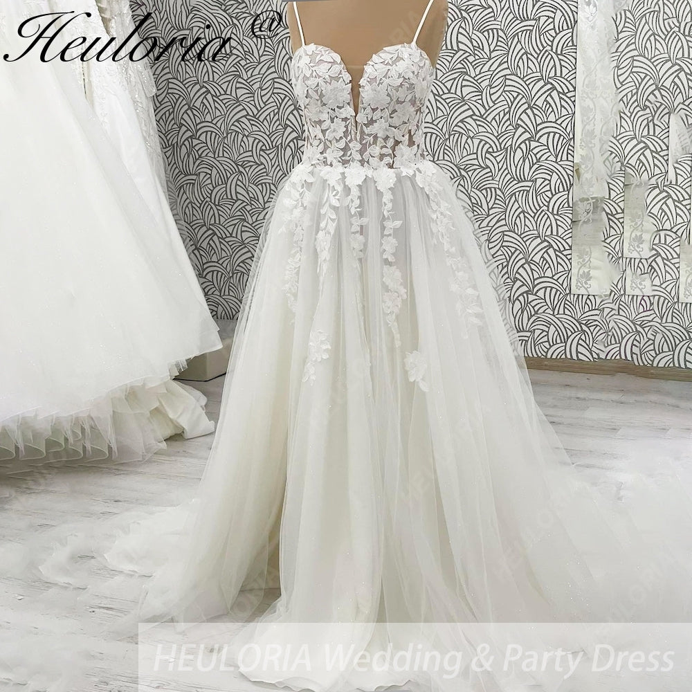 HEULORIA  elegant A line wedding dress Spaghetti Strap lace applique bridal dress Robe De Mariee Wedding Bride Dress AL-999