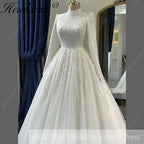 HEULORIA Celestial Radiance: High-Neck Long Sleeve Sequined princess Wedding Dress with Cathedral Train BA-1212