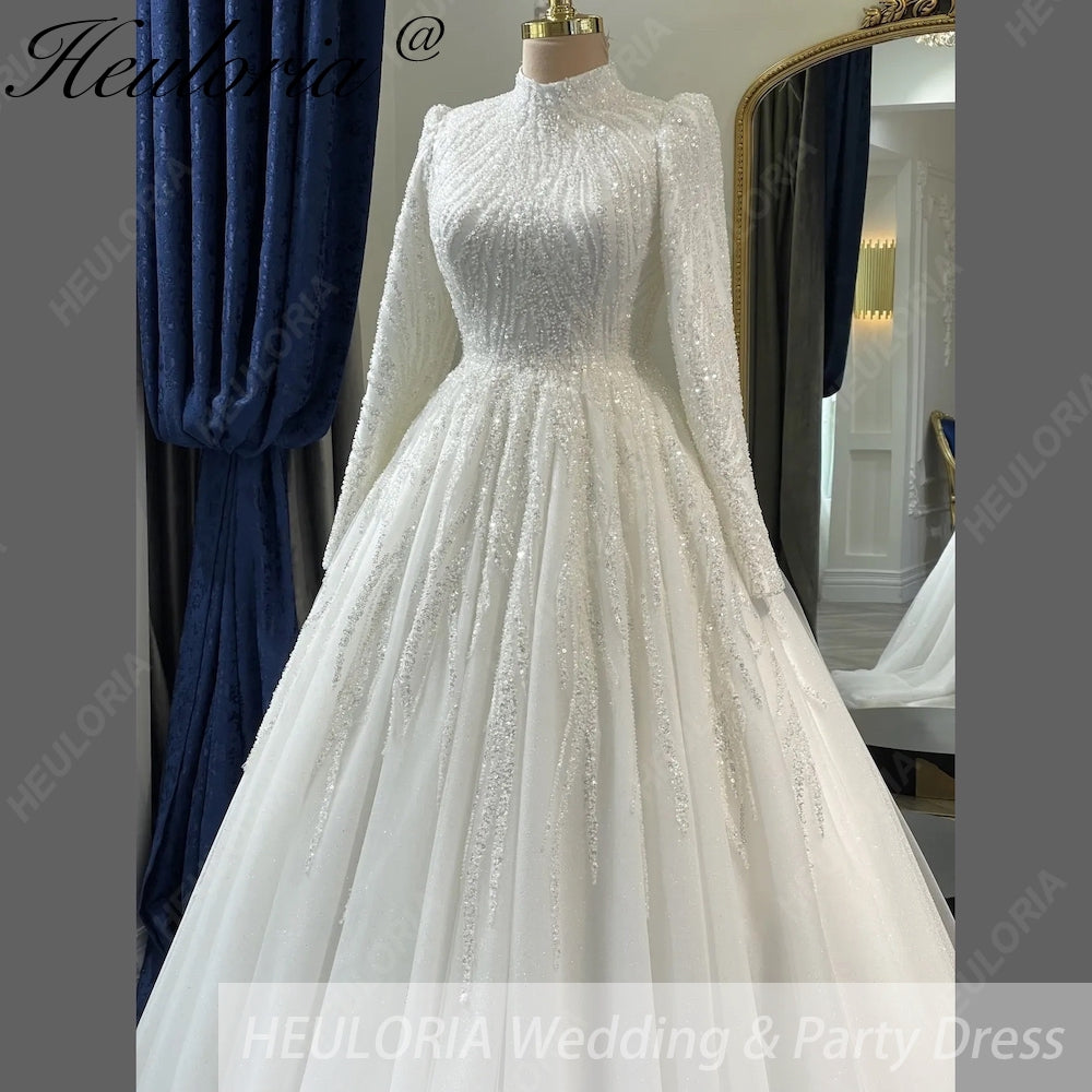 HEULORIA Celestial Radiance: High-Neck Long Sleeve Sequined princess Wedding Dress with Cathedral Train BA-1212