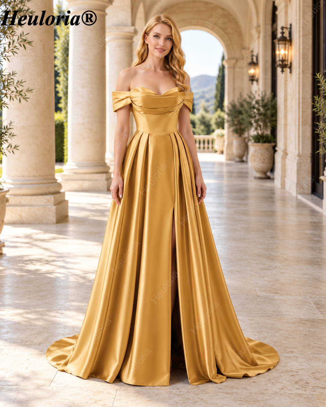 HEULORIA Off-the-Shoulder Satin A-Line Prom Dress with Slit ED-533