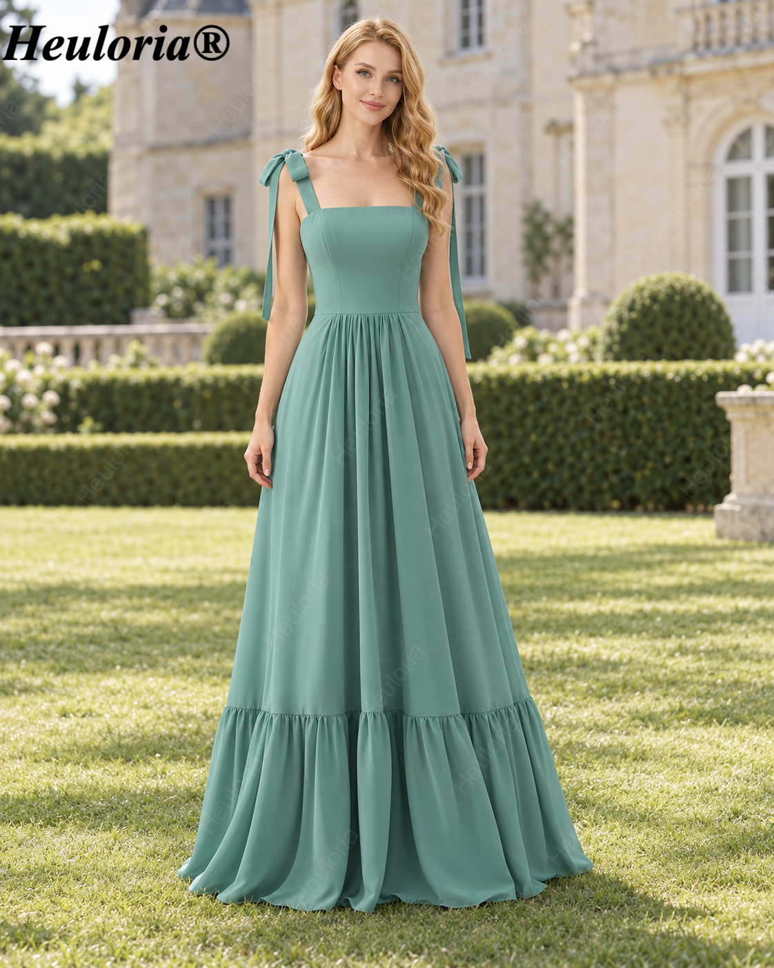 heuloria Eucalyptus Square Neck Bridesmaid Dress with Bow Straps and Ruffle Hem ed-535