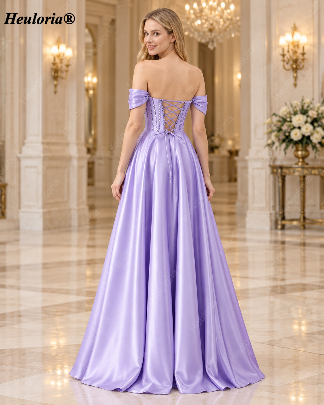 HEULORIA Emerald Green Satin Off Shoulder Prom Dress with Beaded Corset Bodice and High Slit ED-586