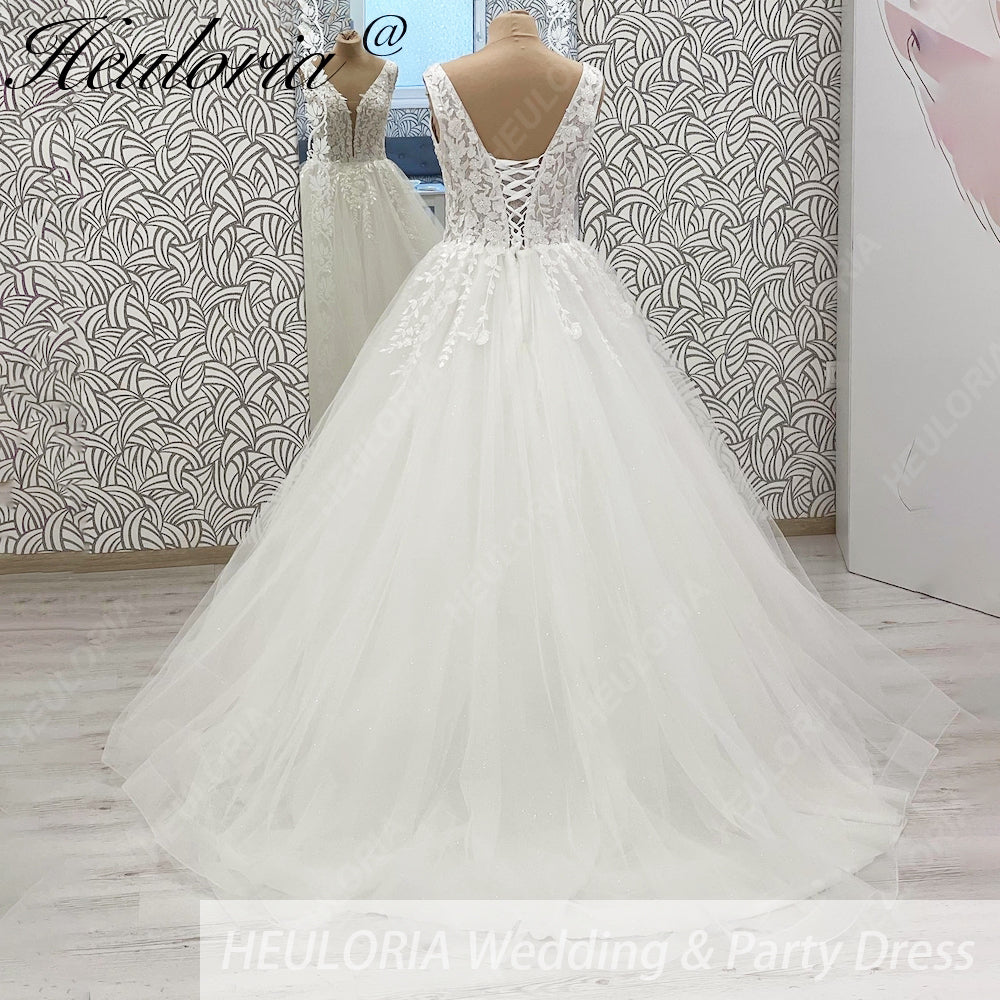 HEULORIA A line Wedding Dress V Neck sparky tulle lace applique bride dress with lace up back Customized AL-1032