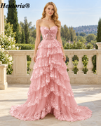 HEULORIA Strapless Sweetheart Floral Tiered Tulle Prom Dress ED-573