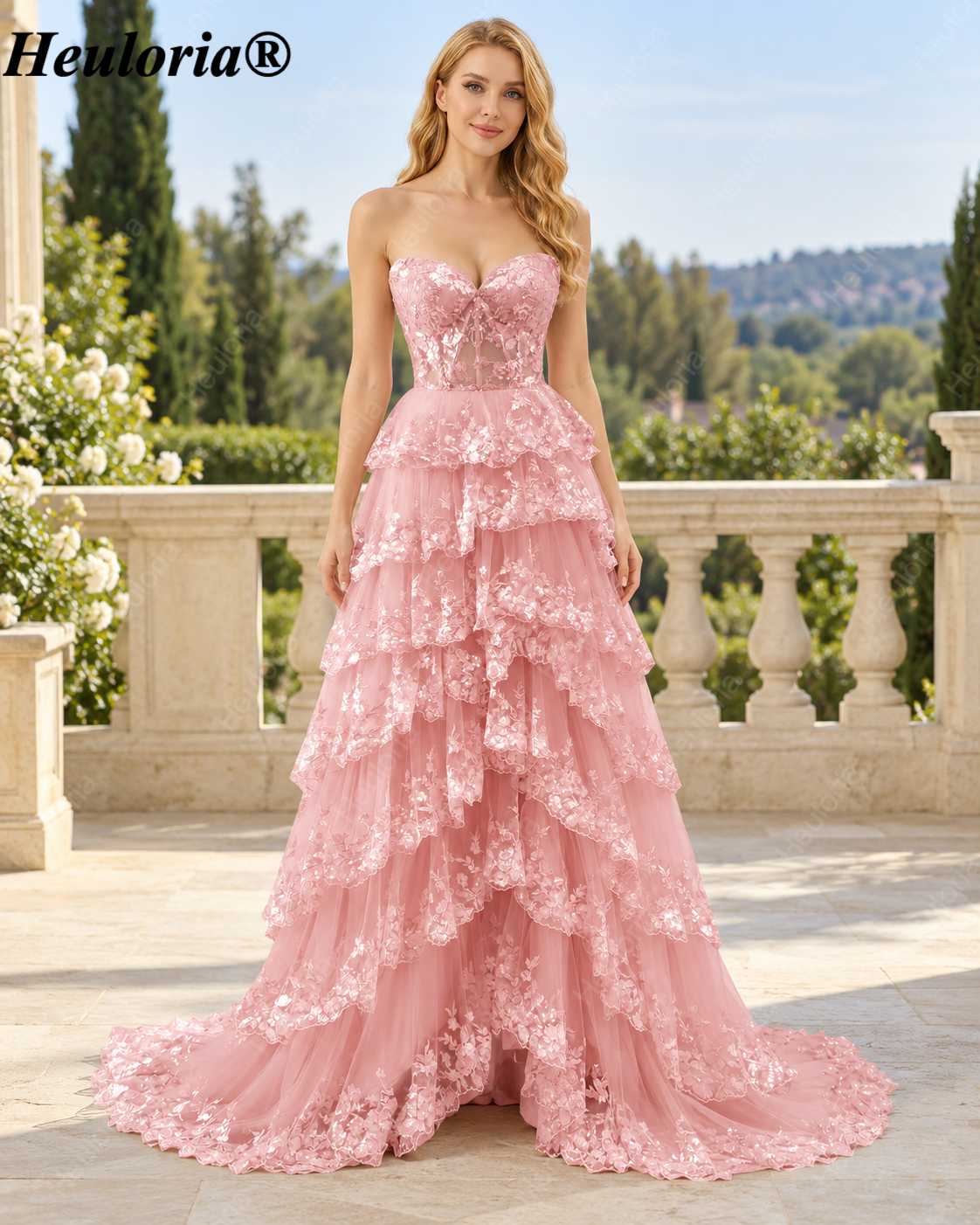 HEULORIA Strapless Sweetheart Floral Tiered Tulle Prom Dress ED-573