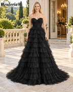 HEULORIA Black Glitter Tiered Tulle A-Line Prom Dress with Corset Bodice ED-238