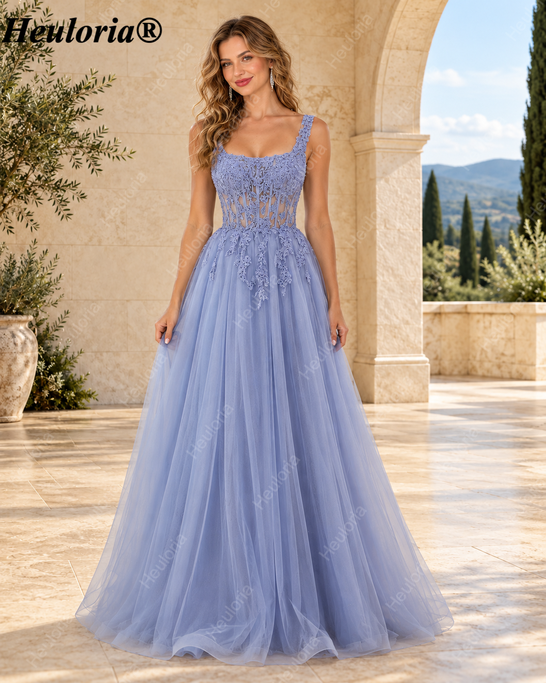 HEULORIA Lavender Square-Neck Lace Tulle A-Line Prom Dress with Illusion Corset Bodice ED-502
