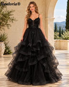 HEULORIA Sparkly Floral Applique Tiered Tulle Ball Gown Prom Dress with Lace-Up Back ED-409
