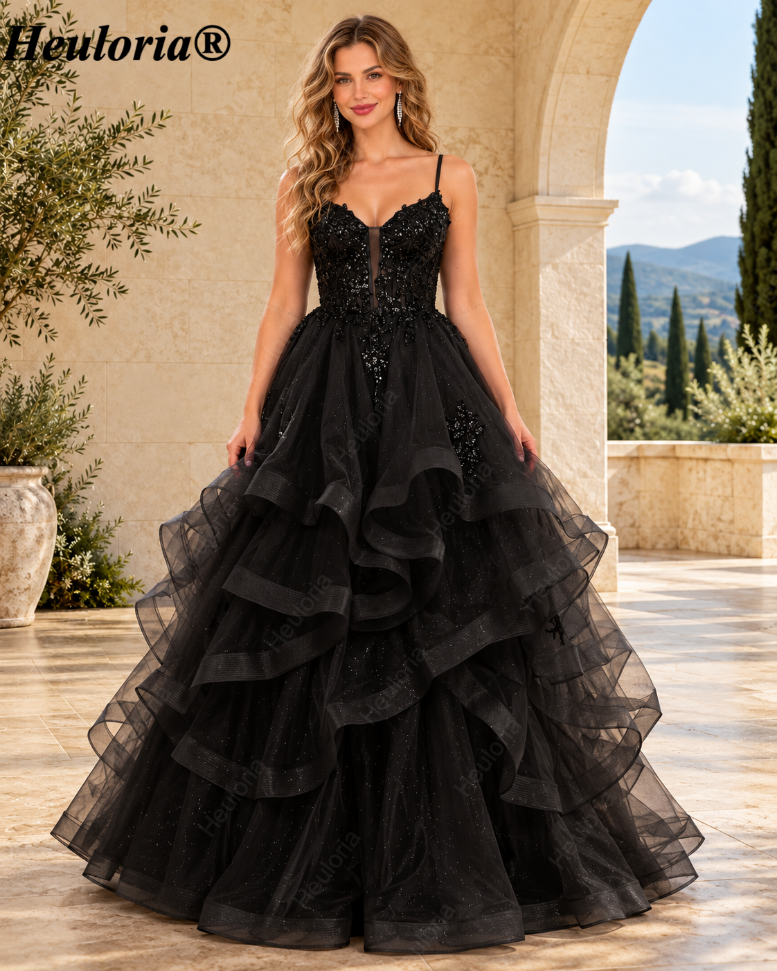 HEULORIA Sparkly Floral Applique Tiered Tulle Ball Gown Prom Dress with Lace-Up Back ED-409