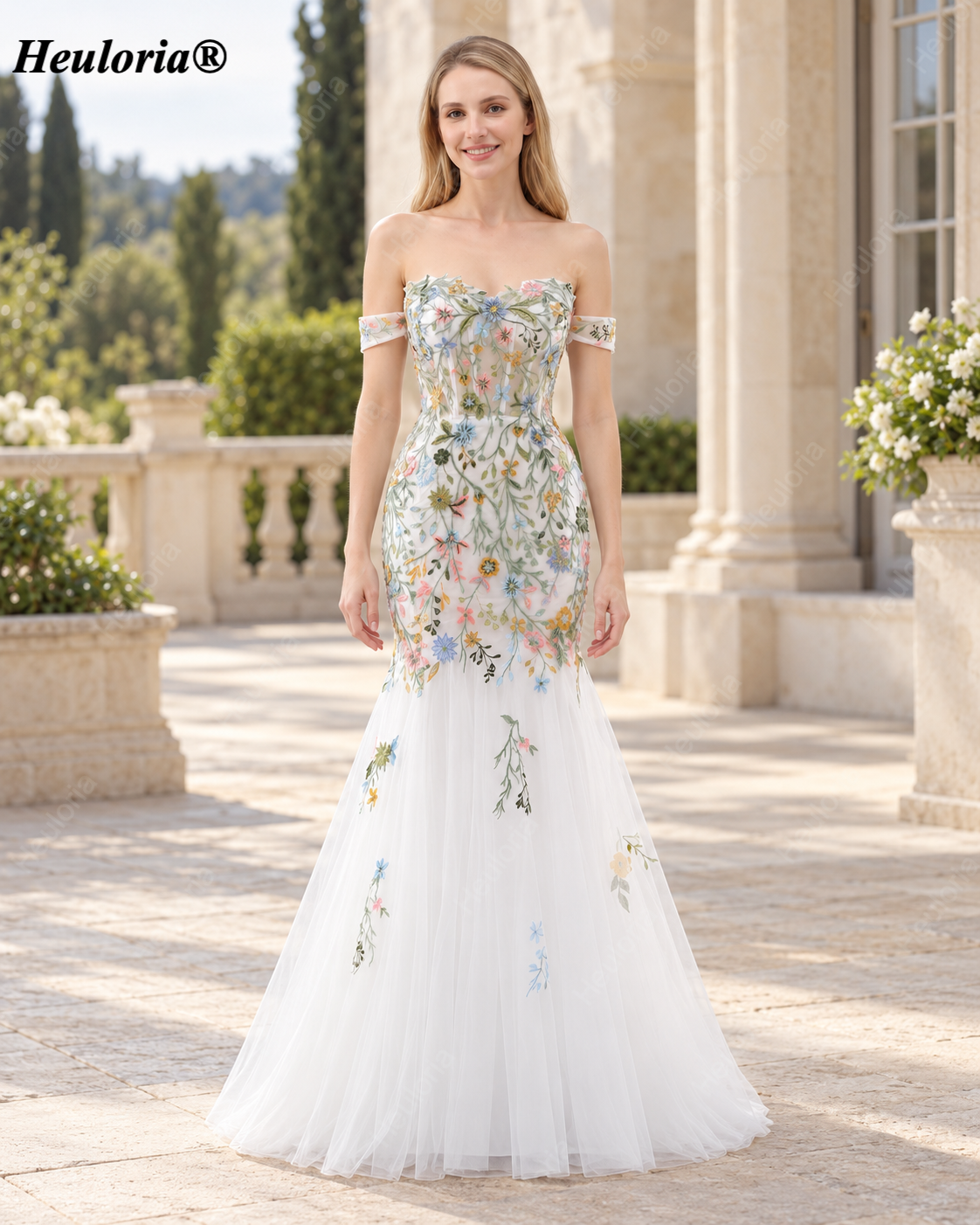 Heuloria Multicolor Floral Embroidered Off-the-Shoulder Tulle Mermaid Evening Dress ED-612 Main image