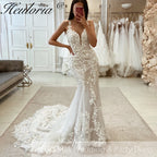 HEULORIA 3D Floral Appliqué Mermaid Wedding Dress | Plunging V-Neck Lace Bridal Gown with Cathedral Train ME-593