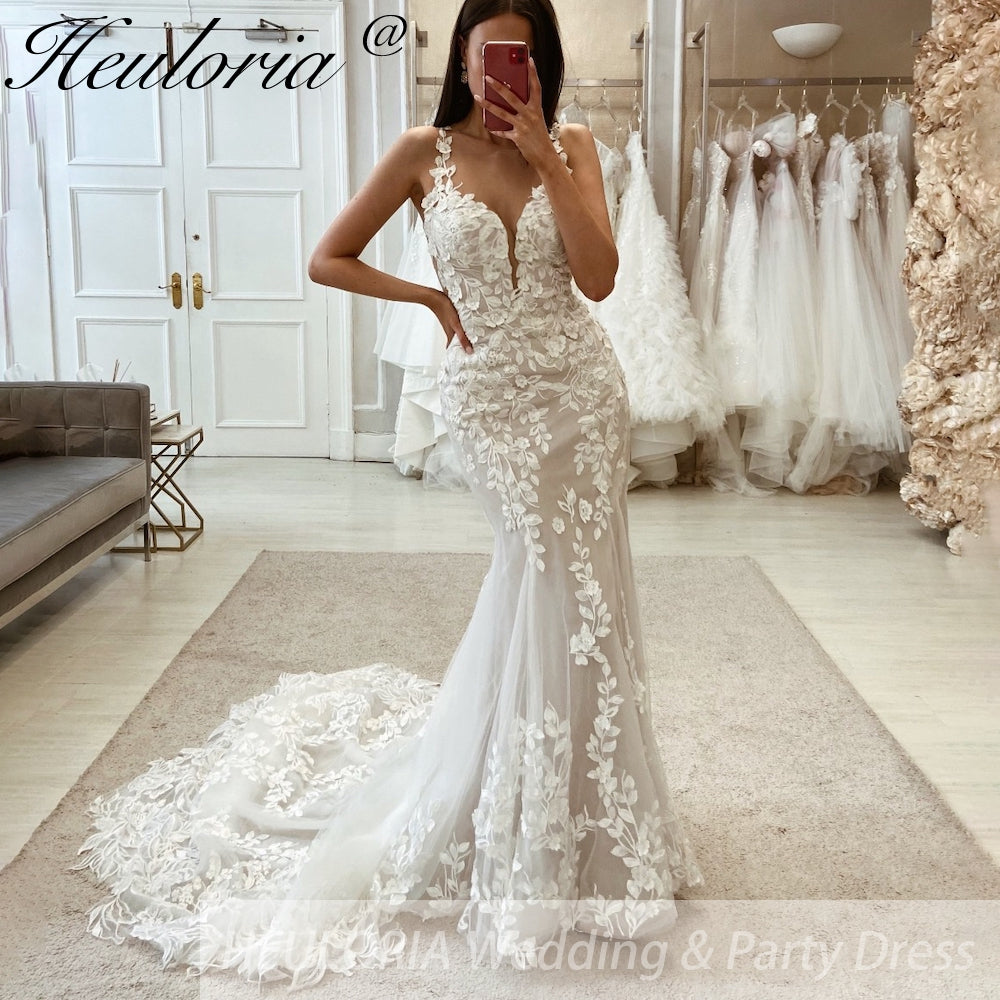 HEULORIA 3D Floral Appliqué Mermaid Wedding Dress | Plunging V-Neck Lace Bridal Gown with Cathedral Train ME-593