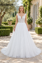 Illusion Deep V Floral Glitter Ball Gown Wedding Dress AL-1060
