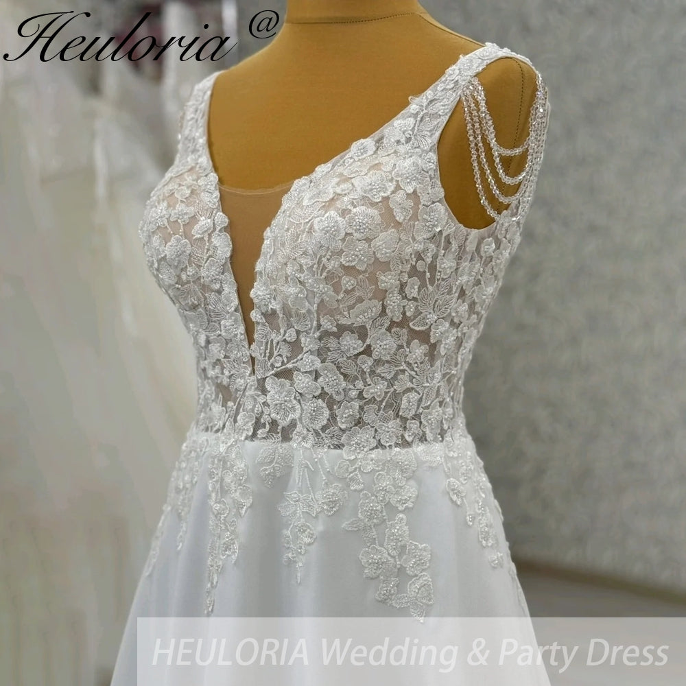 HEULORIA  elegant A line wedding dress Spaghetti Strap crepe lace chiffon bridal dress Robe De Mariee Wedding Bride Dress AL-995