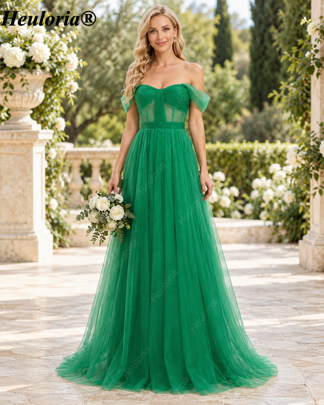 HEULORIA Emerald Green Off-Shoulder Tulle A-Line Bridesmaid Dress with Illusion Corset Bodice – ED-262 Immagine principale del prodotto