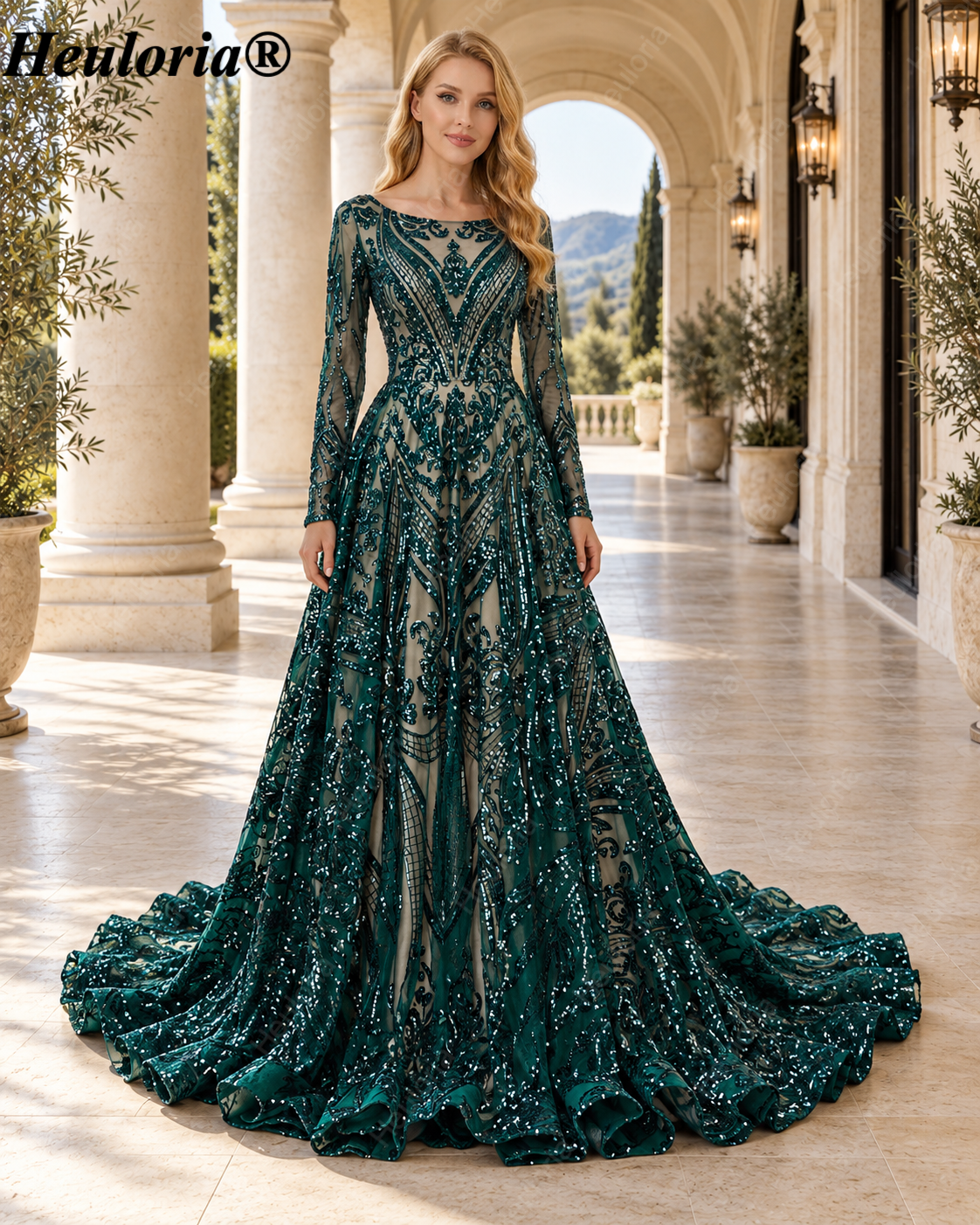 heuloria-Long Sleeve Sequin A-Line Evening Dress with Lace-Up Back and Train-ed-58-1