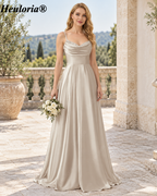 HEULORIA Cowl Neck Satin A-Line Bridesmaid Dress with Embellished Trim ED-361