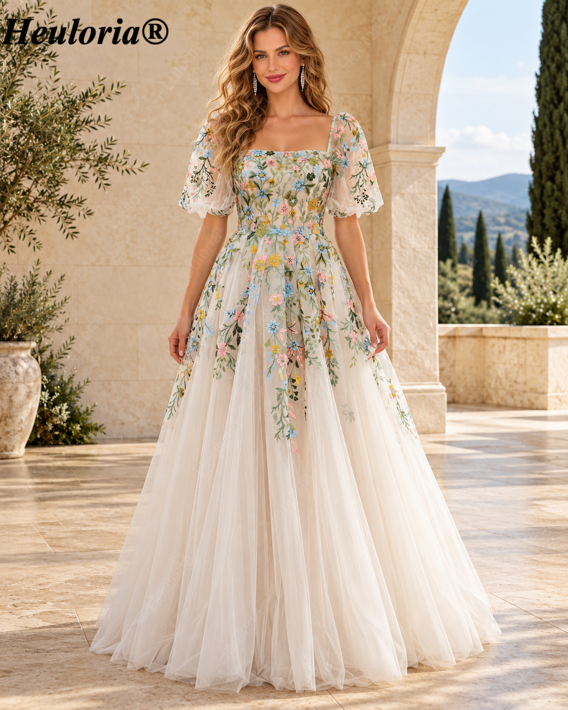 HEULORIA Ivory Floral Embroidered Tulle A-Line Evening Dress with Square Neck and Puff Sleeves ED-671 Immagine principale del prodotto