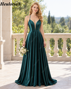 HEULORIA Peacock Green Satin Halter A-Line Prom Dress with Plunging V-Neck – ED-334