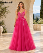 HEULORIA Royal Blue Floral Appliqué Tulle A-Line Prom Dress with V-Neck and Corset Back – ED-341