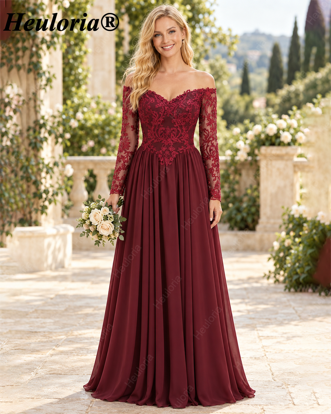 Burgundy Off-the-Shoulder Lace Long Sleeve A-Line Bridesmaid Dress ED-227