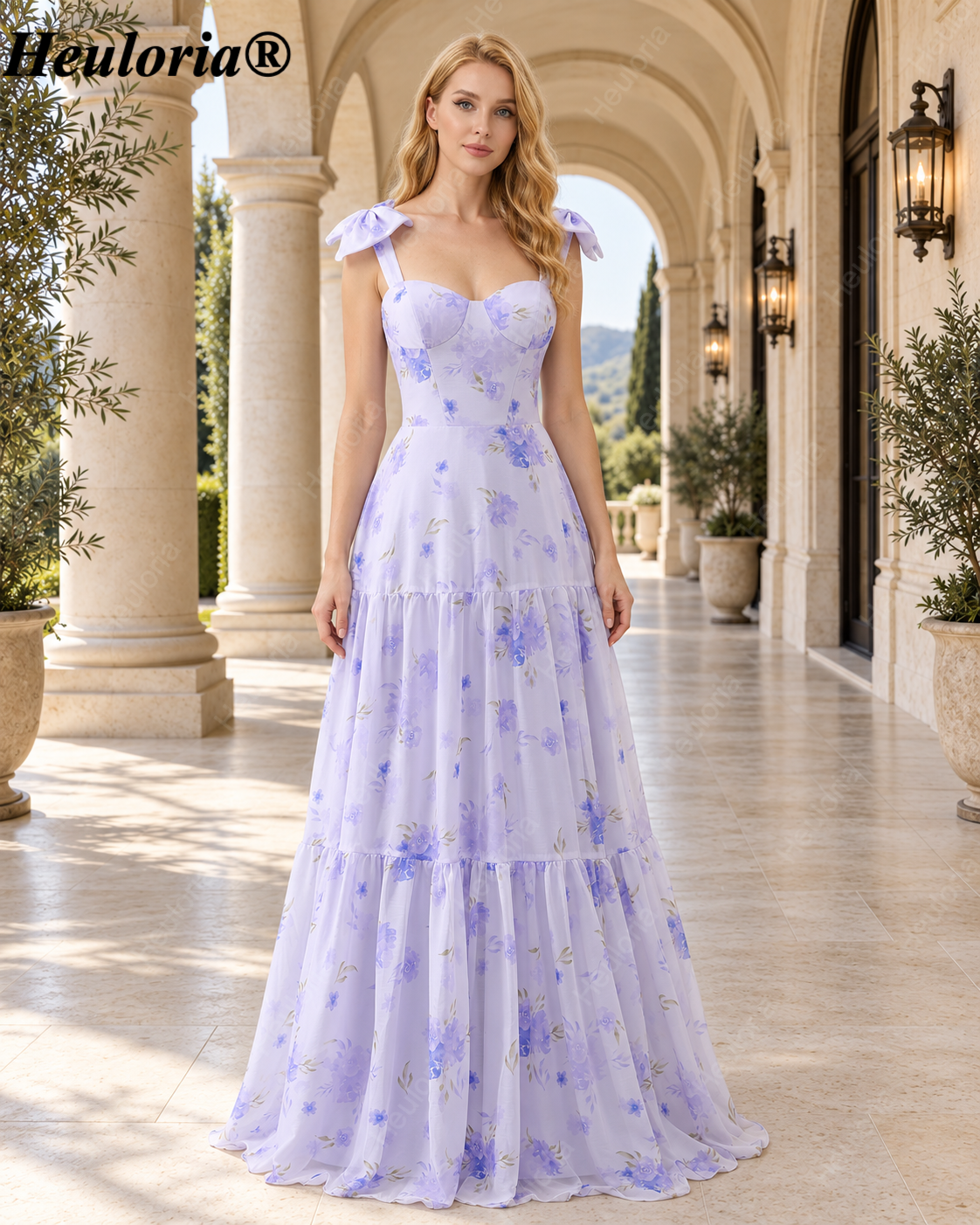 heuloria-Lilac Floral Bow Shoulder Tiered Dress with Lace-Up Back-ed-557