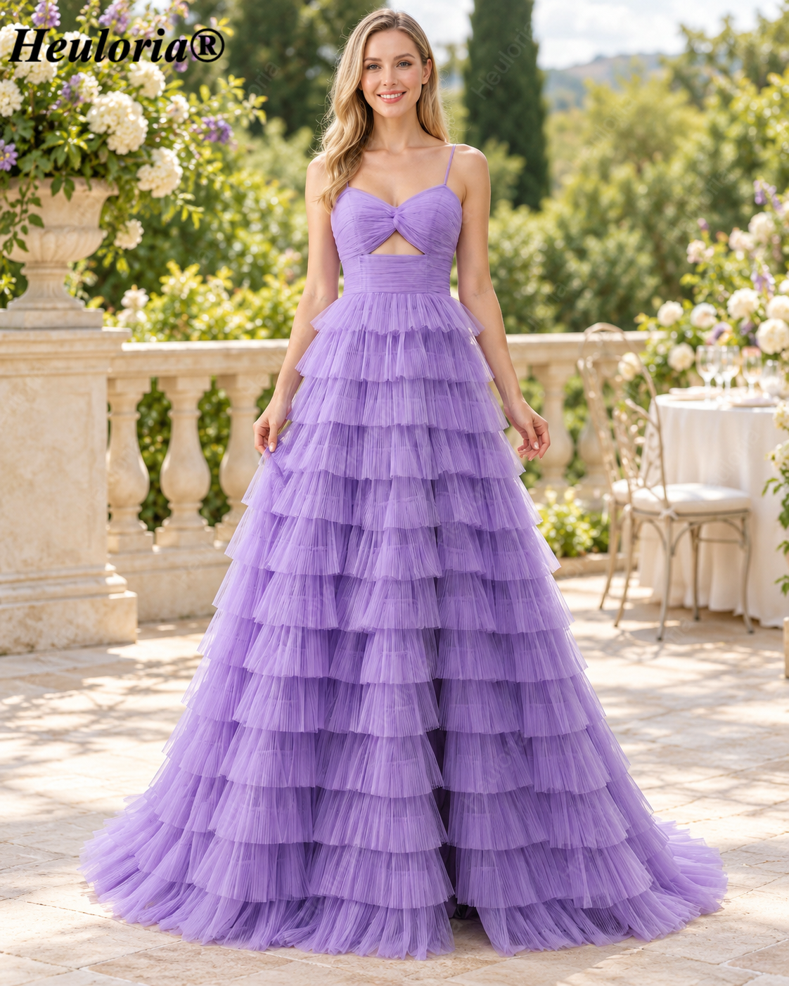 HEULORIA Lavender Tiered Tulle A-Line Prom Dress with Cutout Bodice – ED-239 Immagine principale del prodotto