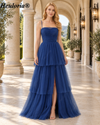 heuloria Navy Ruched Tiered Tulle A-Line Dress with Lace-Up Back-ed-548