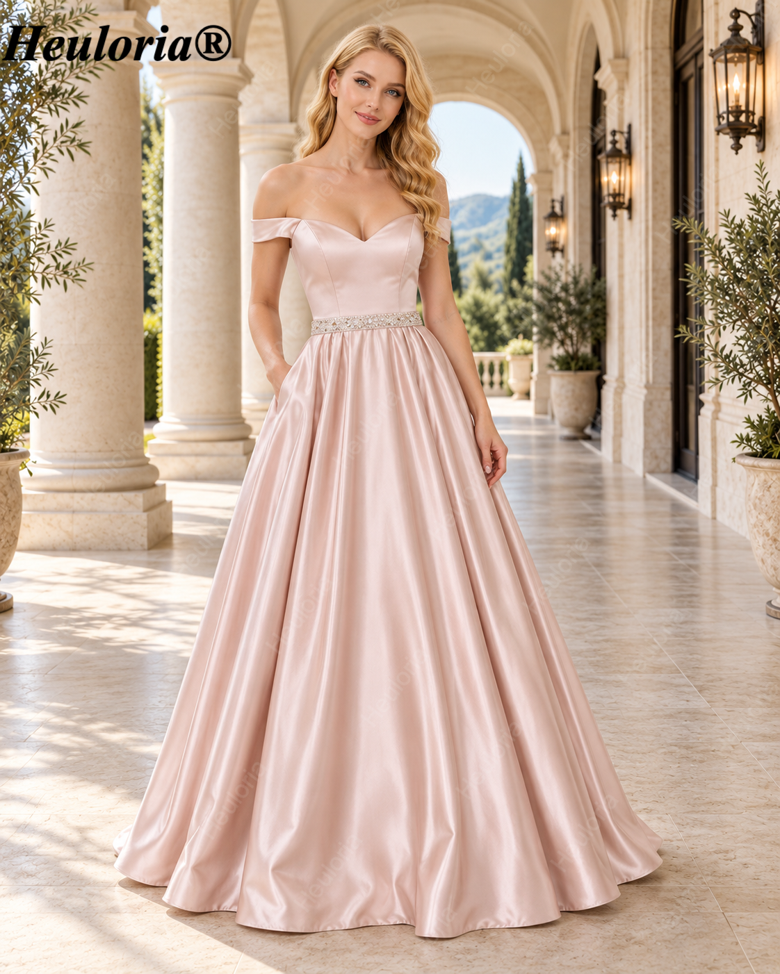 HEULORIA Off-Shoulder Satin A-Line Prom Dress with Embellished Waist ED-16 Image principale du produit