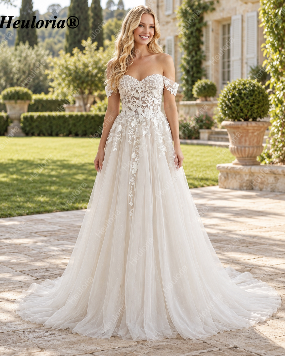 Off-Shoulder 3D Floral A-Line Wedding Dress with Corset AL-1052