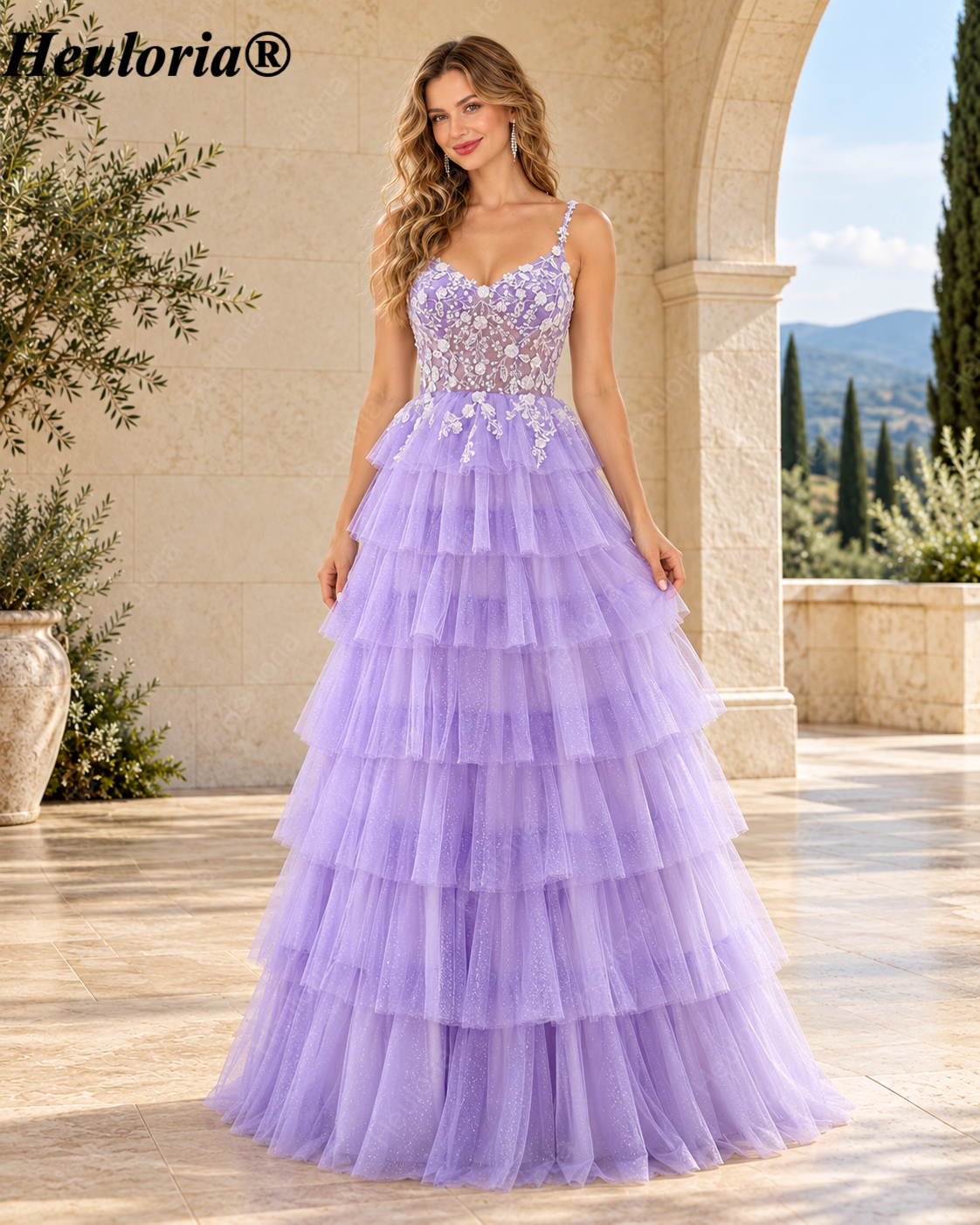 HEULORIA Lavender Lace Tiered Tulle A-Line Prom Dress with Spaghetti Straps and Corset Back – ED-225 Main image