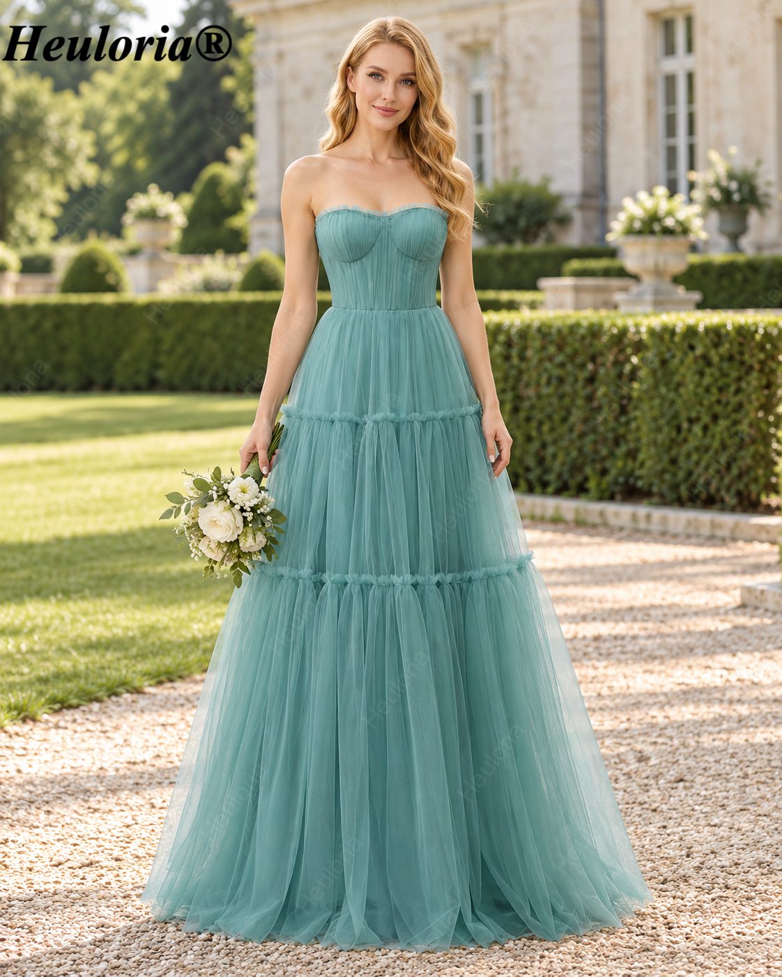 heuloria-Eucalyptus Strapless Tiered Tulle Bridesmaid Dress-ed-536 Immagine principale del prodotto