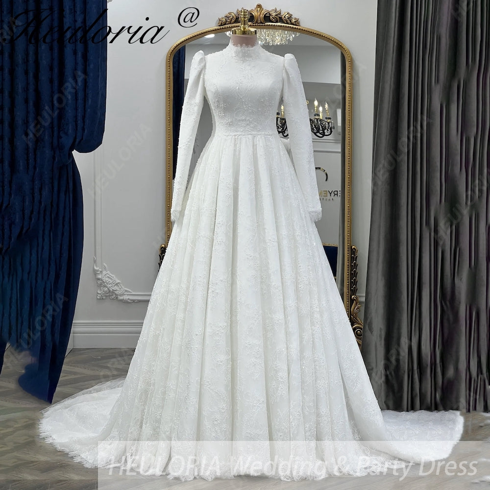 HEULORIA Victorian-Inspired High Neck Lace Wedding Dress with Elegant Puff Sleeves & Chapel Train muslim wedding dress  BA-1204