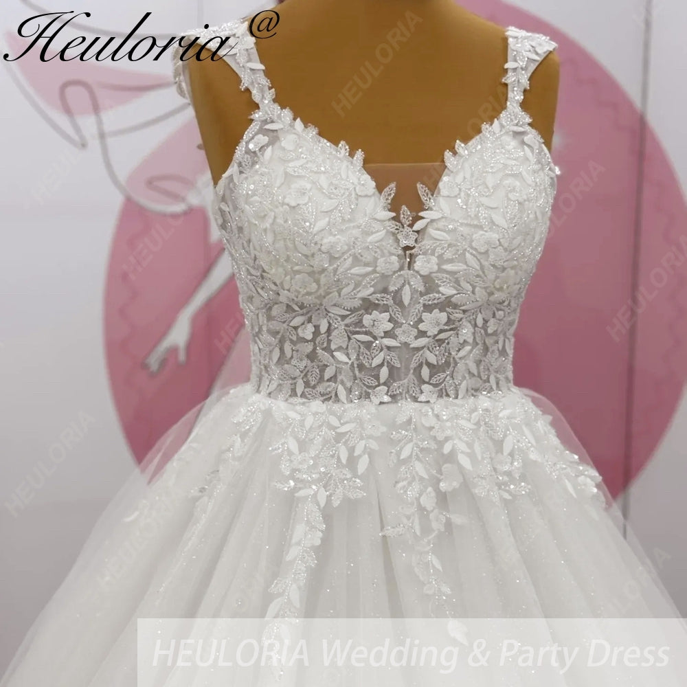 HEULORIA Enchanting Leaf Lace A-Line Wedding Dress - Shimmering Tulle & Plunging Illusion V-Neck AL-1010