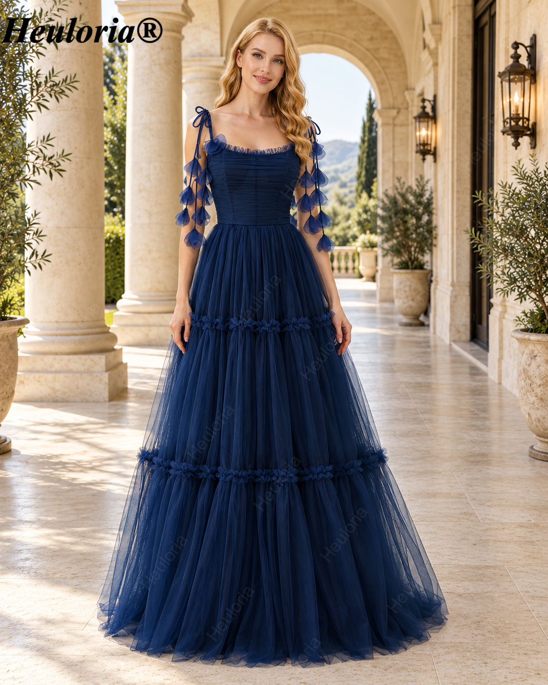 heuloria-Navy Tiered Tulle Bridesmaid Dress with Petal Shoulder Ties-ed-546 Main image