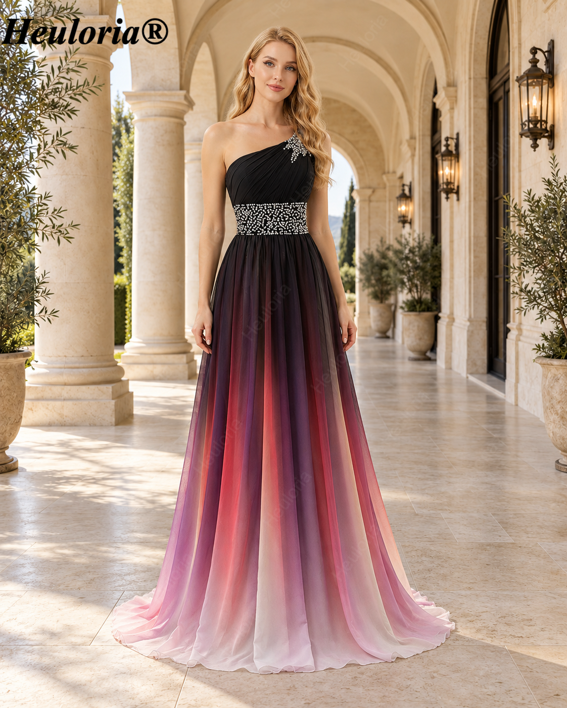 HEULORIA One-Shoulder Beaded Chiffon A-Line Evening Dress with Corset Back – ED-7P Main image