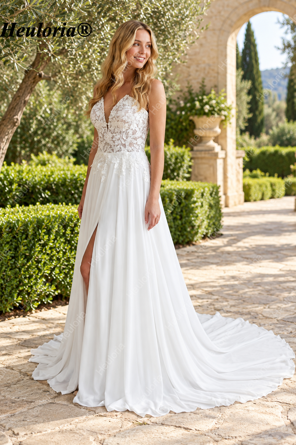 Strapless Sweetheart Lace Chiffon Wedding Dress with Slit AL-1050