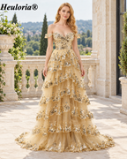 HEULORIA Gold Sequin Off-the-Shoulder Tiered Tulle A-Line Prom Dress ED-365