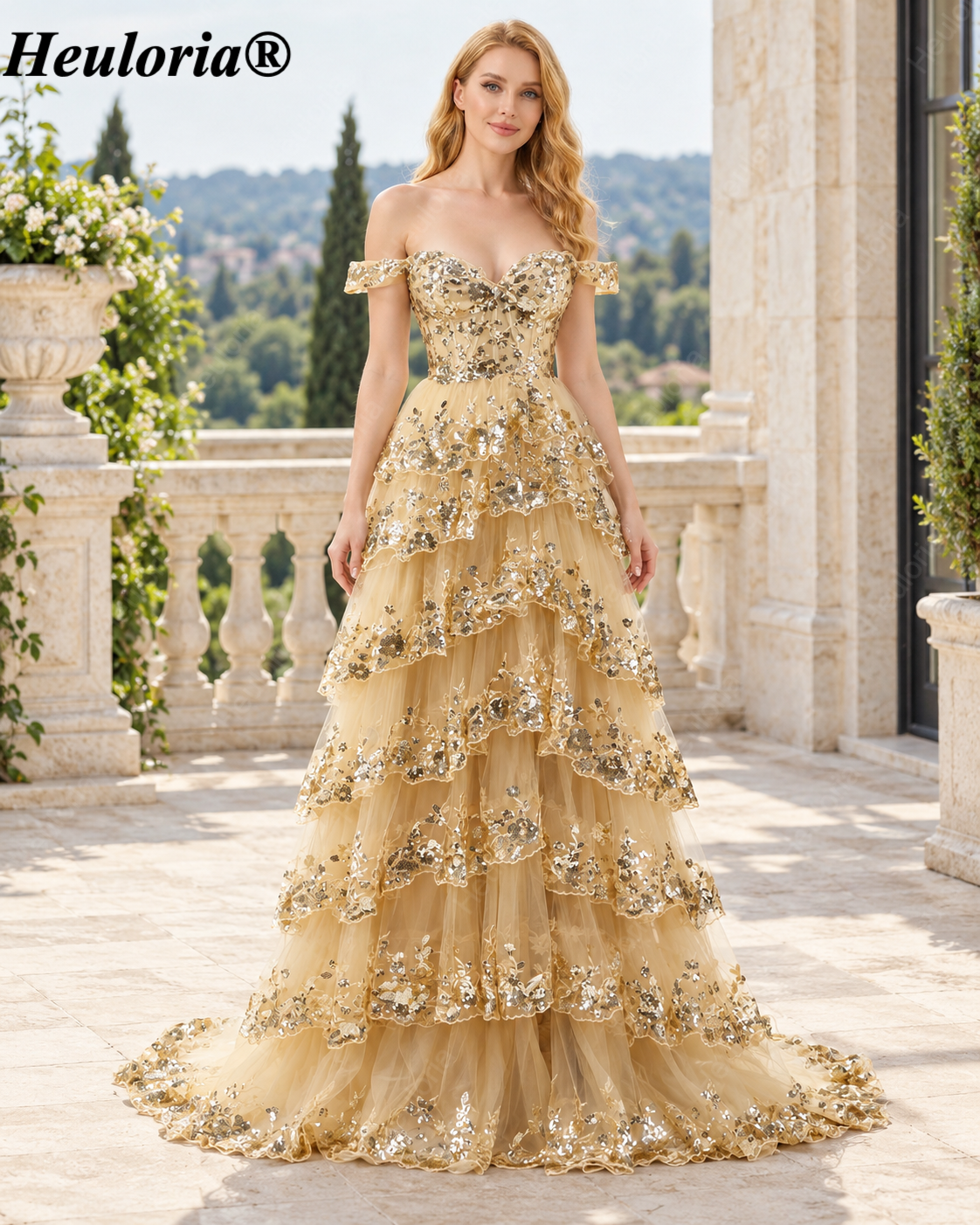 HEULORIA Gold Sequin Off-the-Shoulder Tiered Tulle A-Line Prom Dress ED-365