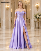 HEULORIA Emerald Green Satin Off Shoulder Prom Dress with Beaded Corset Bodice and High Slit ED-586